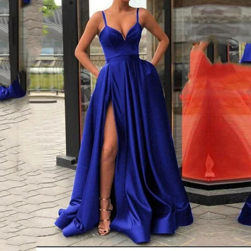 2022 New Women Elegant Party Wedding Long Dresses Lady Chic Satin Sexy V-Neck Long Skirt Tail Solid Color Banquet Evening Dress