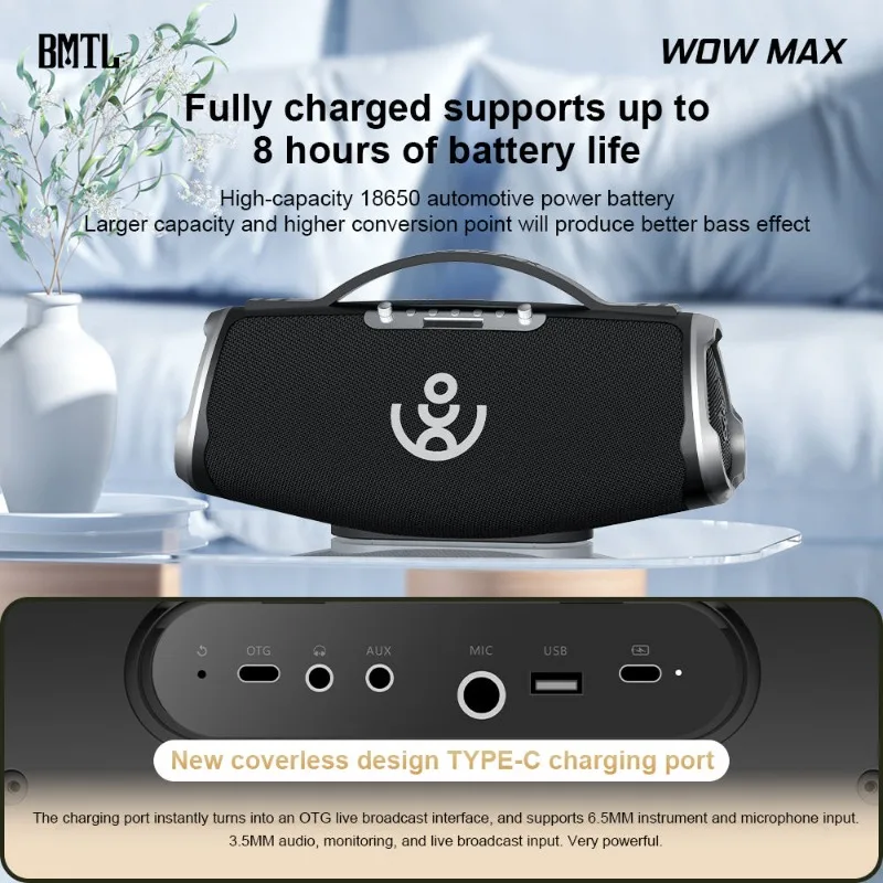 Фото BMTL Wow Max Профессиональный Bluetooth-динамик для вечеринки на открытом воздухе, мощный портативный сабвуфер 300 Вт, Hi-Fi шокирующий бумбокс с тяжелыми басами TWS №4
