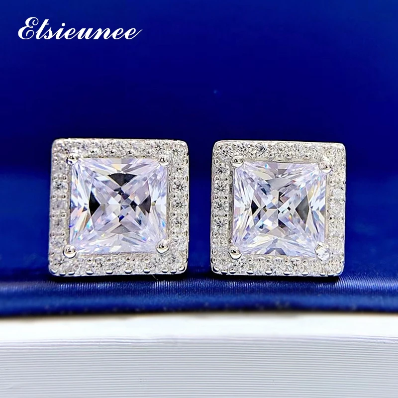 

ELSIEUNEE 100% 925 Sterling Silver 7x7MM Princess Cut Simulated Moissanite Diamond Stud Earrings for Women Wedding Fine Jewelry