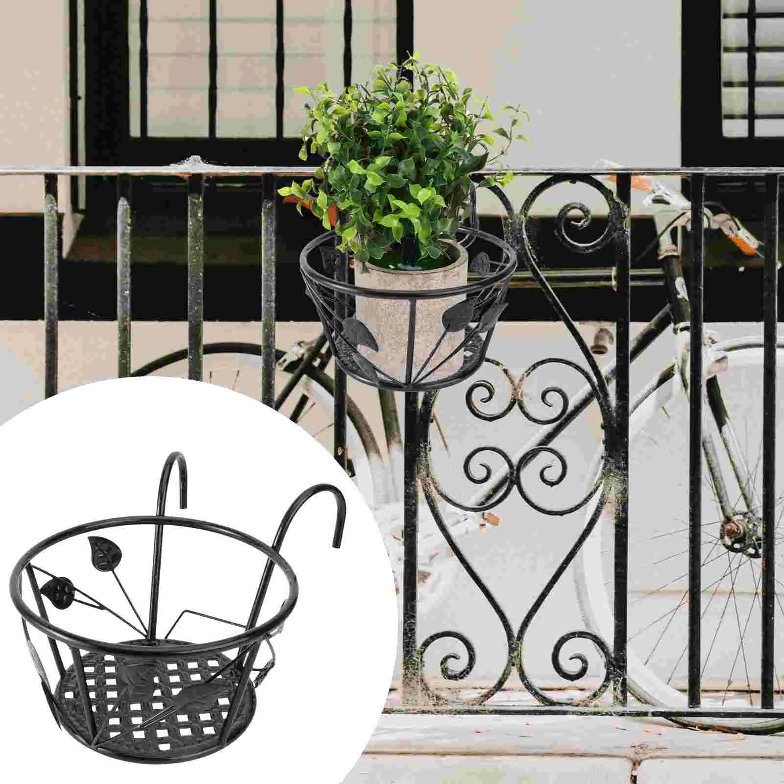 

Hanging Railing Planters Flower Pot Holders Rack Fence Metal Potted Stand Mounted Balcony Round Baskets Shelf Container Box for