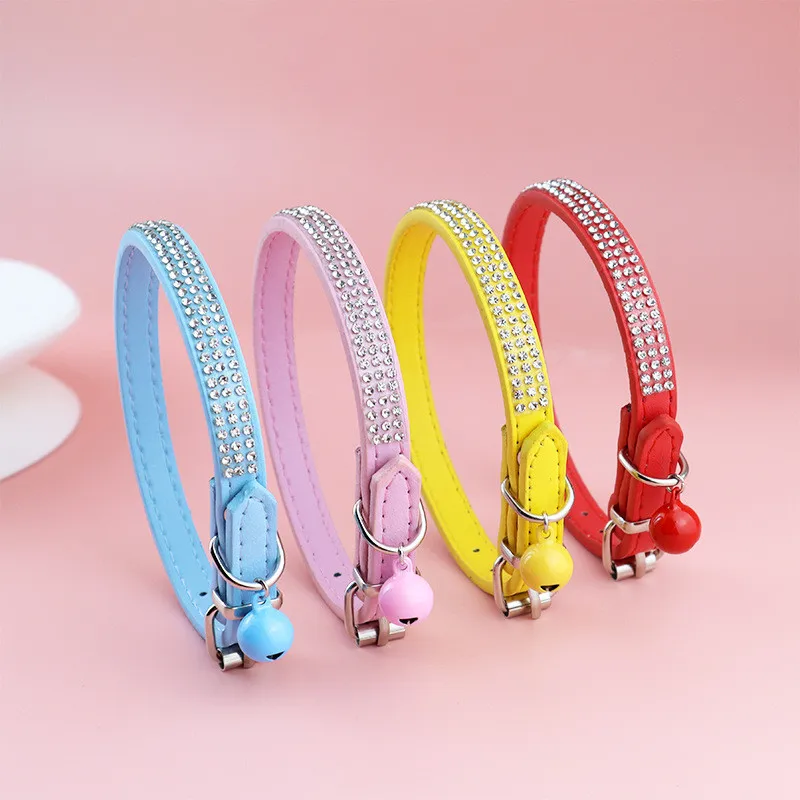 

Bling Rhinestone PU Leather Puppy Collar Pet Collar Adjustable with Bell Cat Collar Neck Strap Jewelry for Small Pet Supplies
