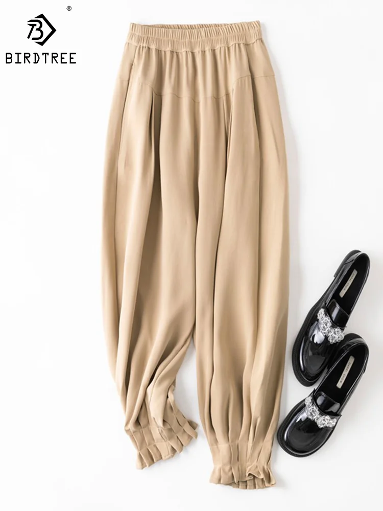 

Birdtree Heavy Weight 30MM 100%Mulberry Silk Double Joe Trousers Elastic Waist I-shaped Pleated Radish Lantern Pants B37319QM