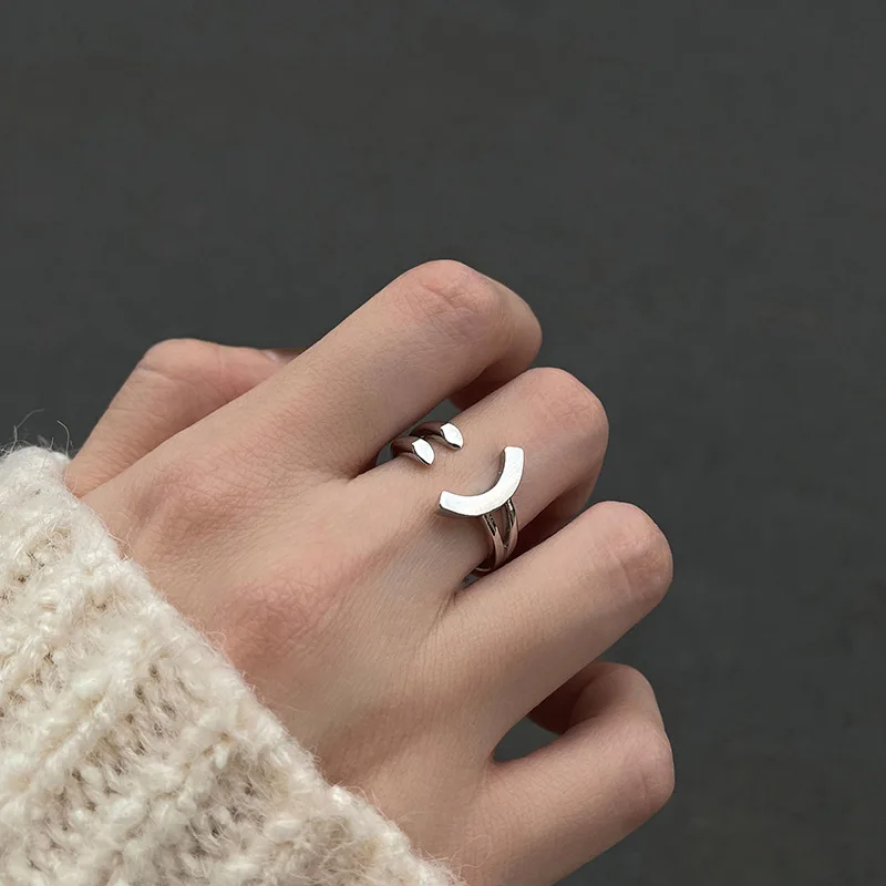 

Minar Unique Design Silver Color Smile Face Charm Rings for Women Titanium Steel Hollow Out Adjusting Ring Holiday Accessories