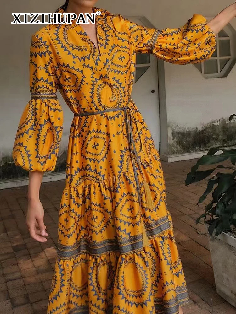 

XIZIHUPAN Loose Yellow Dresses For Women V Neck Puff Sleeve High Waist Folds Patchwork Lace Up Elegant Dress Female Fashion New
