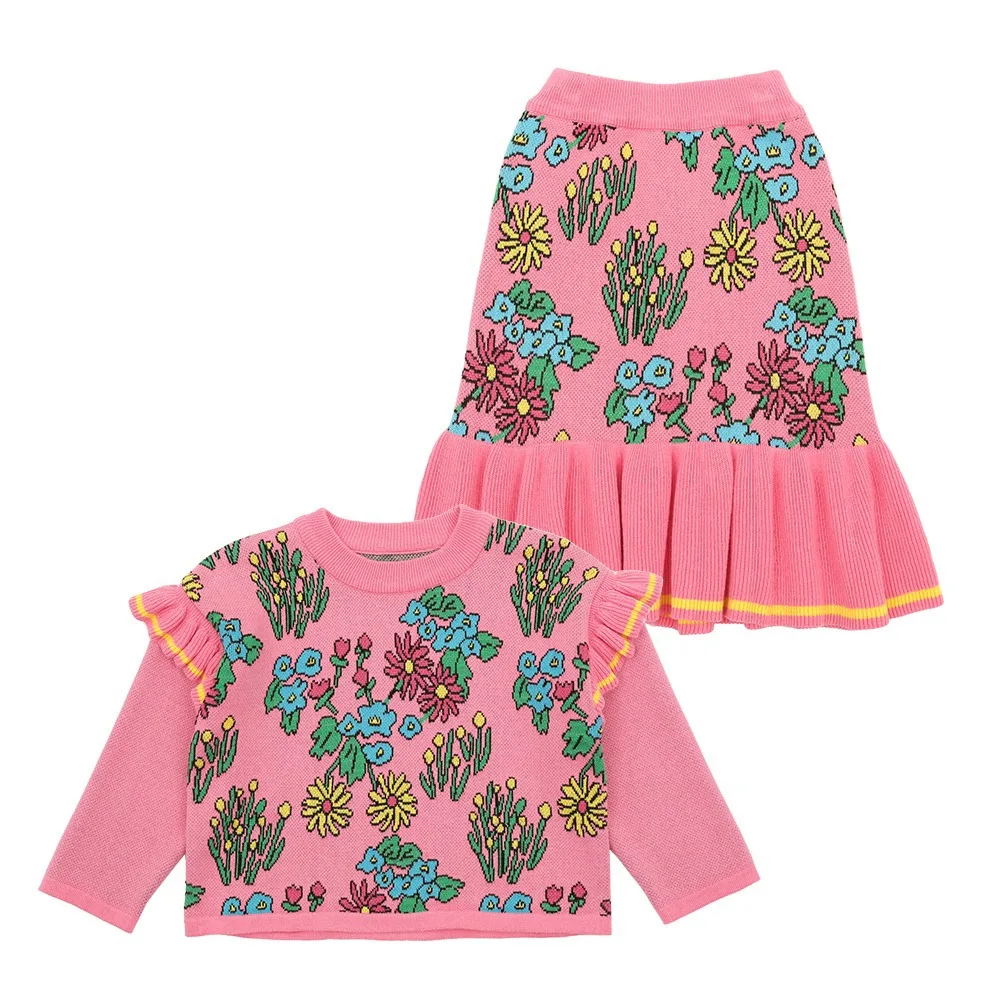 Girls Sweater Set 2022 Autumn Printing Korean Girls Sweater Fashion Pink Girls Skirts Cotton Girls Clothes Children's Clothing