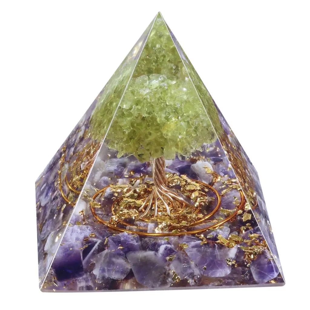 

Natural Peridot Tree Of Life Orgone Pyramid Reiki Healing Crystal Stone Energy EMF Protection Meditation Tool Resin Ornaments
