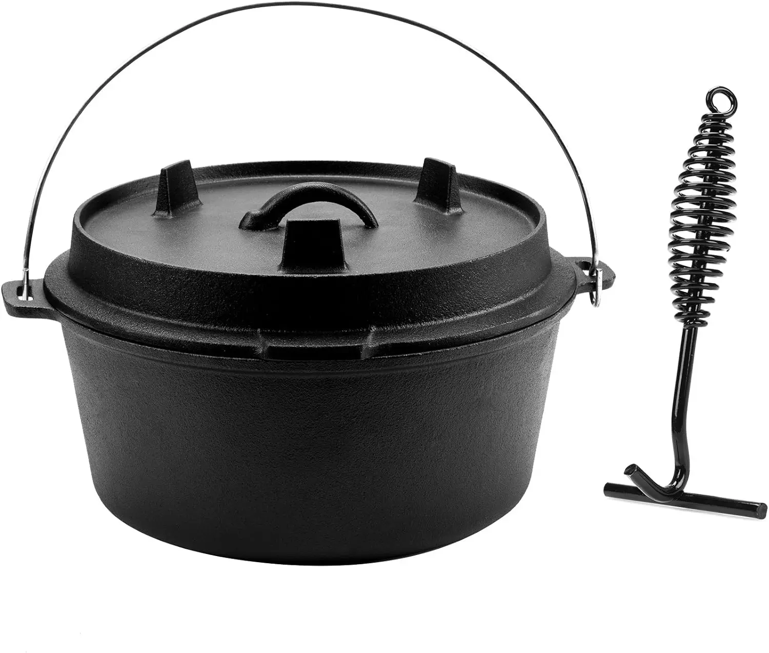

Quart Pre-Seasoned Cast Iron Dutch Oven with Lid and Lid Lifter Tool Outdoor Deep Camp Pot for Camping Fireplace Cooking BBQ Bak