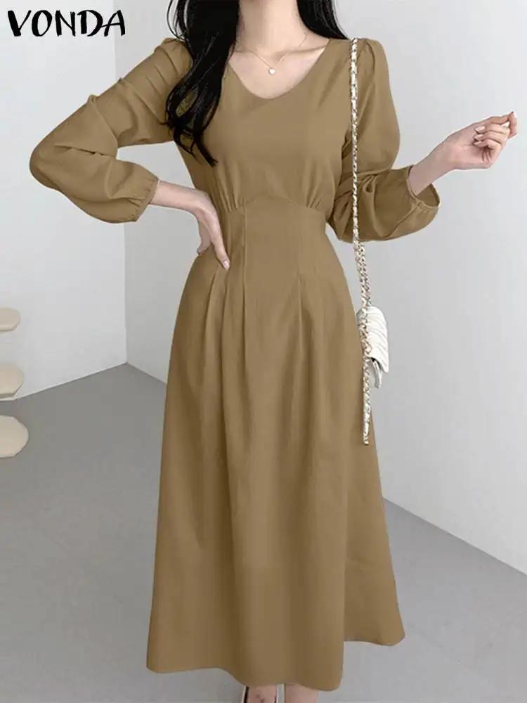 

2023 VONDA Women Summer Long Sleeve Shirt Dress Elegant Solid Color Vestido Sexy V Neck Mid-Calf Sundress Loose Casual Robe