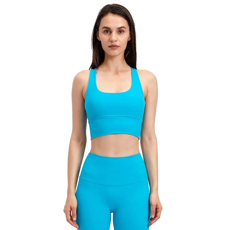 Solid Color Soft Women Fitness Bra Breathable Sweat-wicking Sports Bra Tank Top Cross Yoga Vest High Impact Underwear Chest Pad