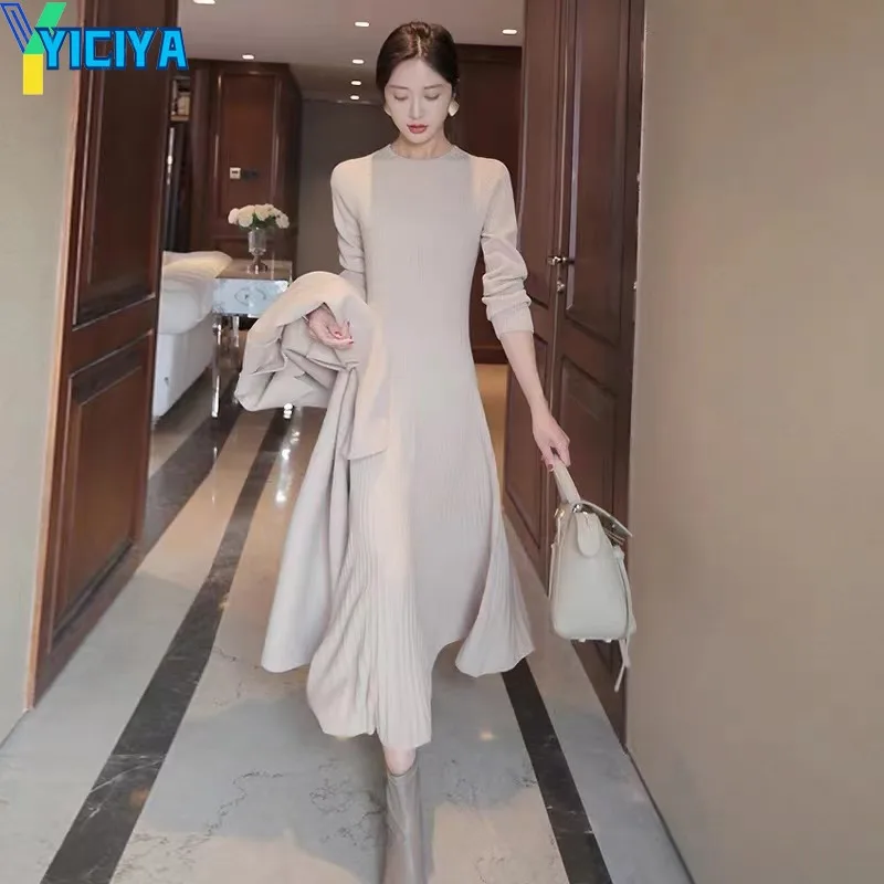 

YICIYA Women Knitted Long Dress Autumn Winter 2023 Elegant A-line Dresses Female Sweater O-neck Casual Korean Fashion Ladies Y2k