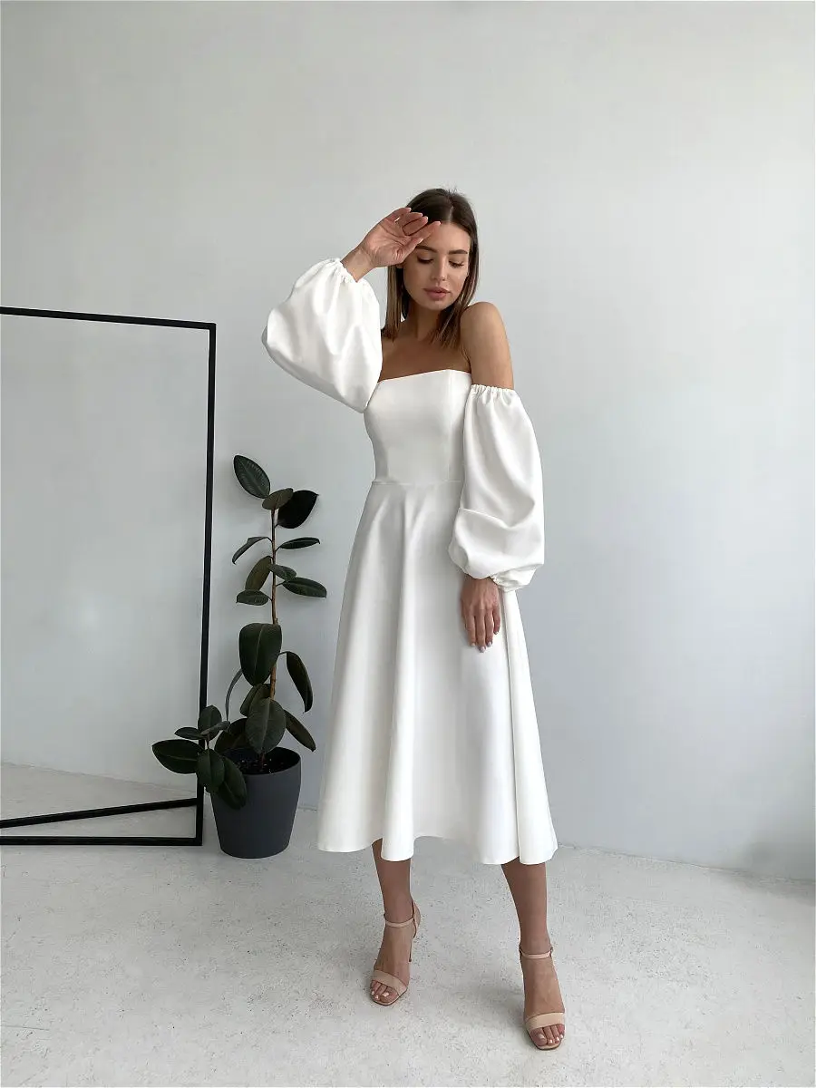 

Sexy Slash Neck High Waist a Line Midi Dress Half Sleeve Elegant Party Evening Wear 2022 Spring Female Long Dress S-XXL