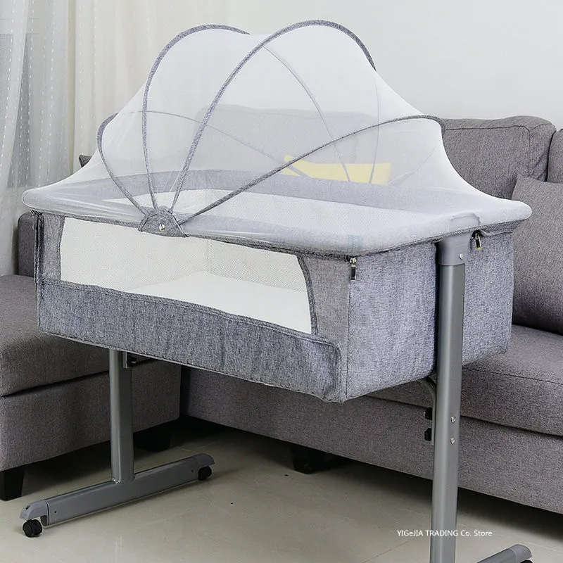 Multifunctional Newborn Baby Crib With Mosquito Net, 4-Wheeled Breathable Toddler Cot Can Joint Adult Bed, Infant Bassinet