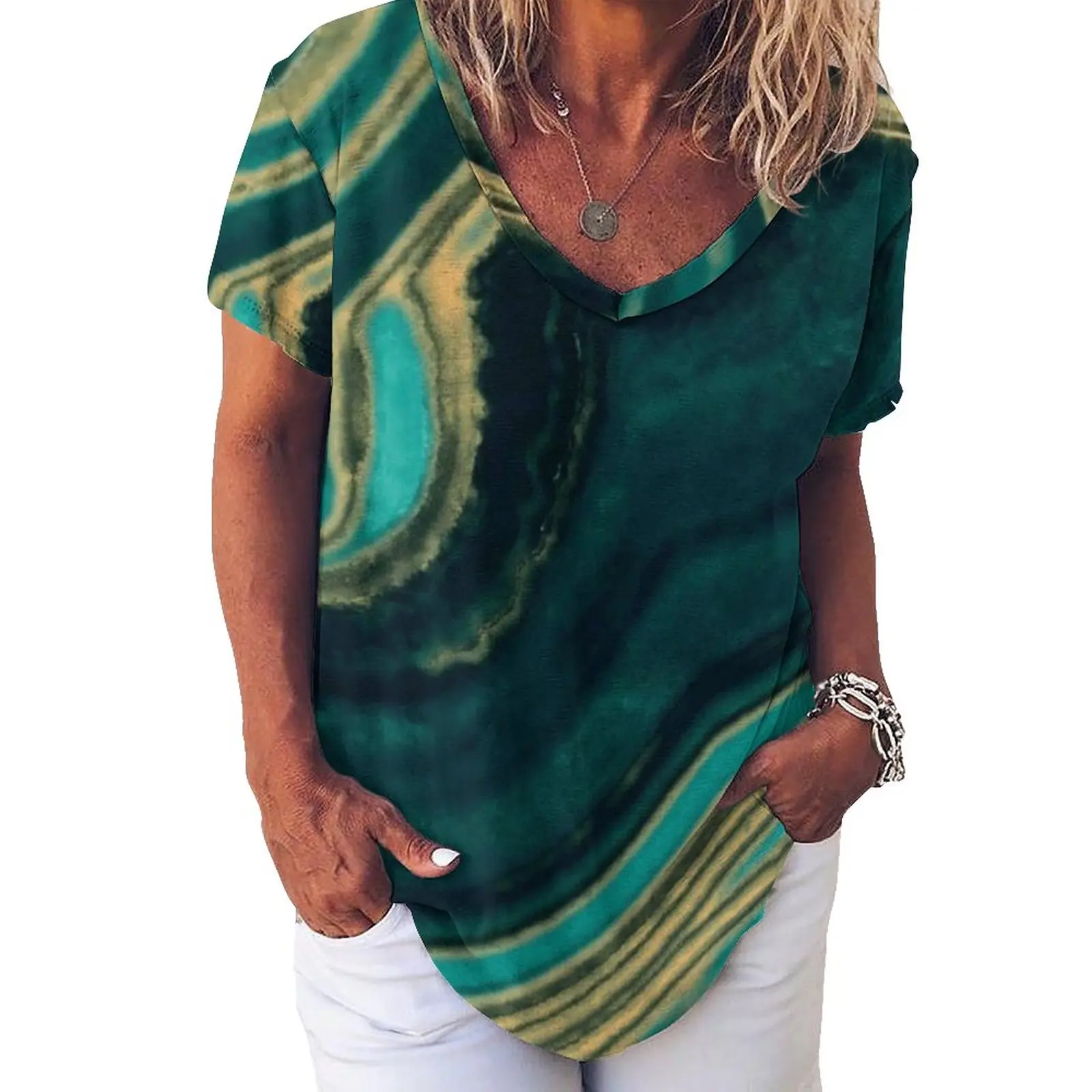 

Marble Art T-Shirt Aqua And Metallic Gold Marble Texture Funny Oversize T Shirts Short Sleeves V Neck Tees Beach Printed Tops