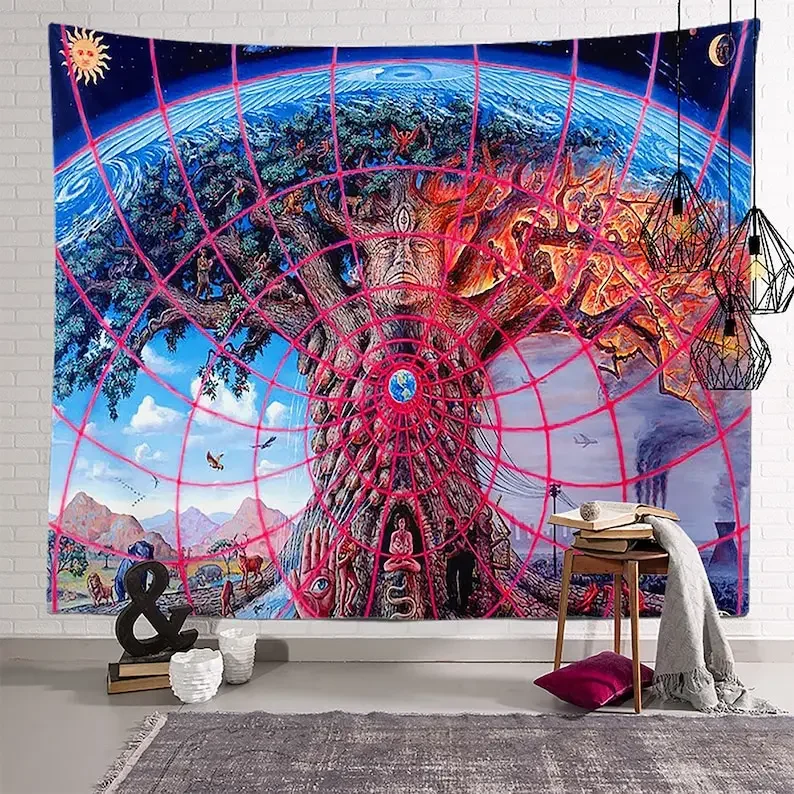 Психоделический гобелен Древо жизни лесные растения дом на дереве животное