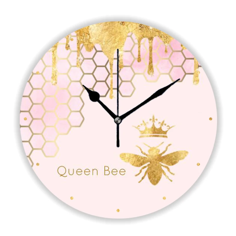 Glitter Pink Gold Crown Queen Bee Honeycomb Wall Clock Kid B