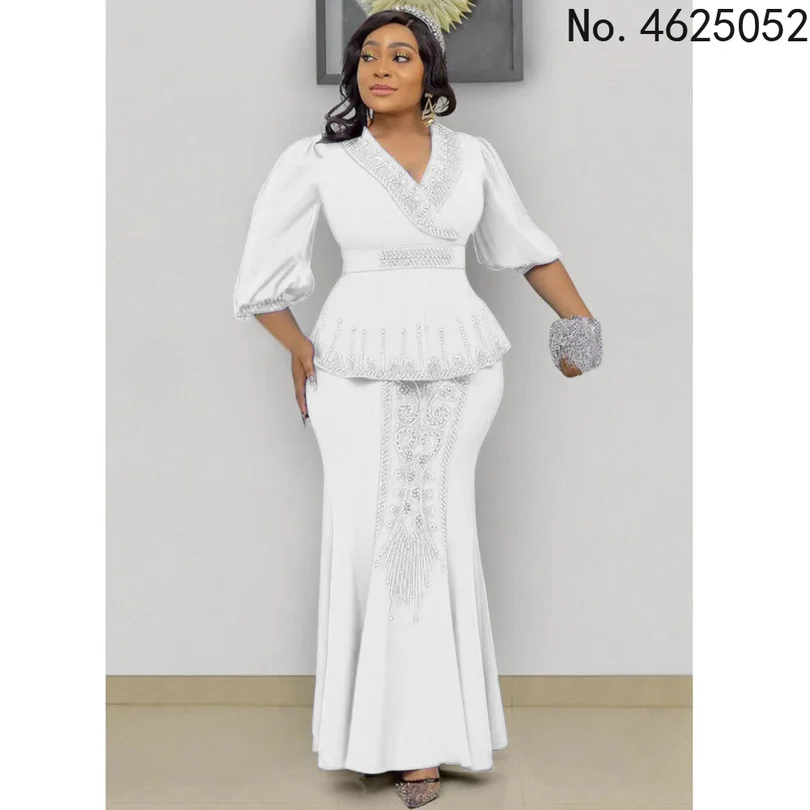 

2022 Autumn African Women Half Sleeve V-neck Polyester Blue Black Yellow White Two Pieces Sets Top and Skirts African Suit