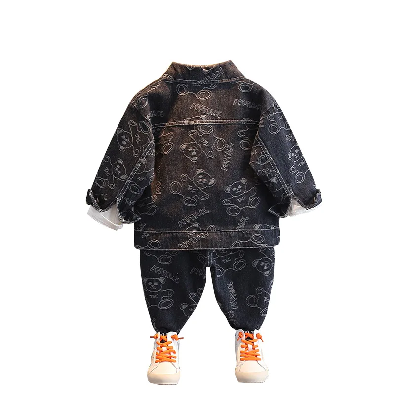 2022 New Kid Boys Clothing Denim Set Jacket+Pants Fashion Coats Cartoon Bear Printed Denim Jackets Toddler Baby Boys' Trousers