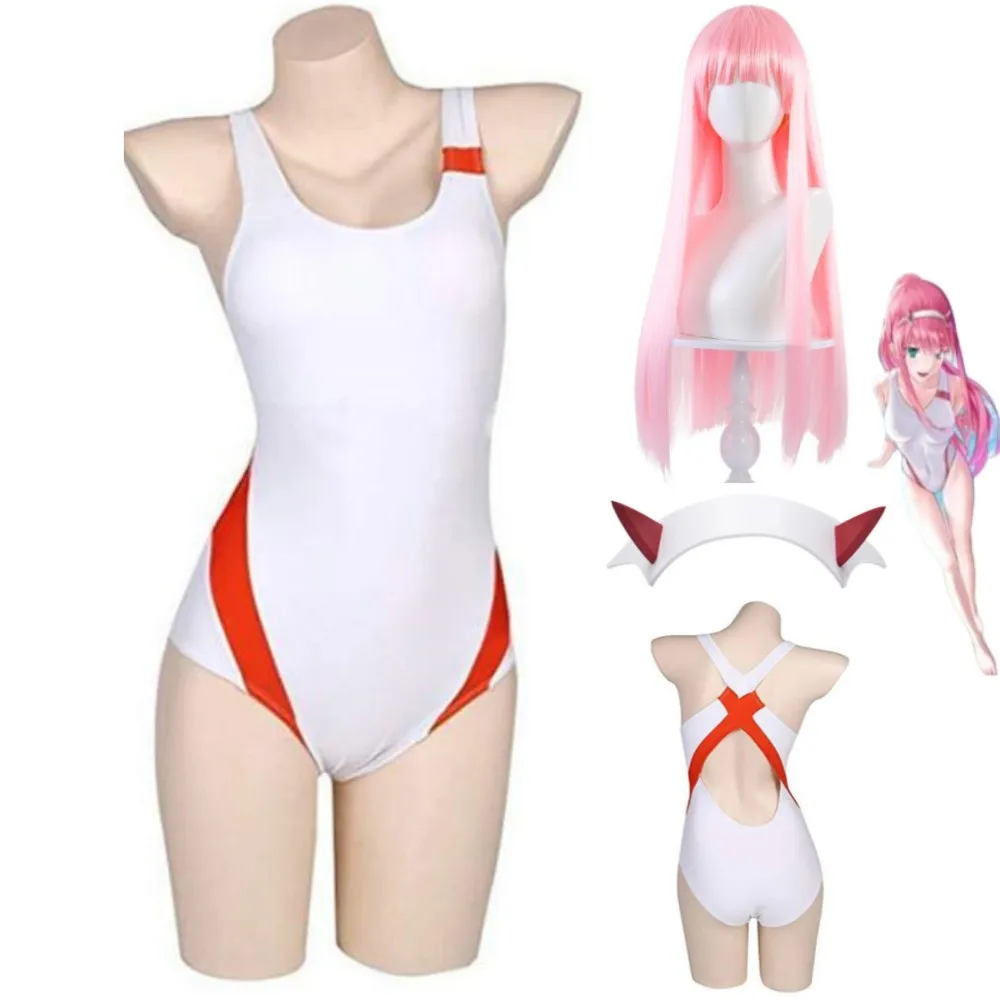 

Anime DARLING In The FRANXX 02 Zero Two Cosplay Costume Wig Jumpsuits Tight Swimwear Woman Sexy Summer Day Party Bikini