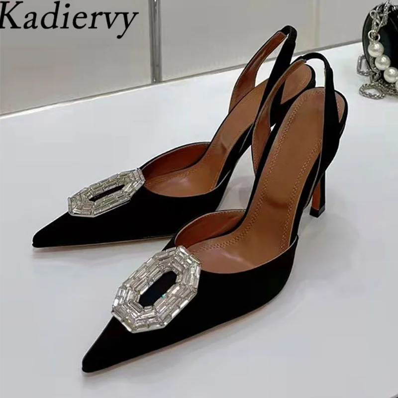 

Туфли-лодочки стразы женские с острым носком, вечерняя Классическая обувь с квадратной пряжкой, роскошные атласные сандалии на тонком каблуке, летние