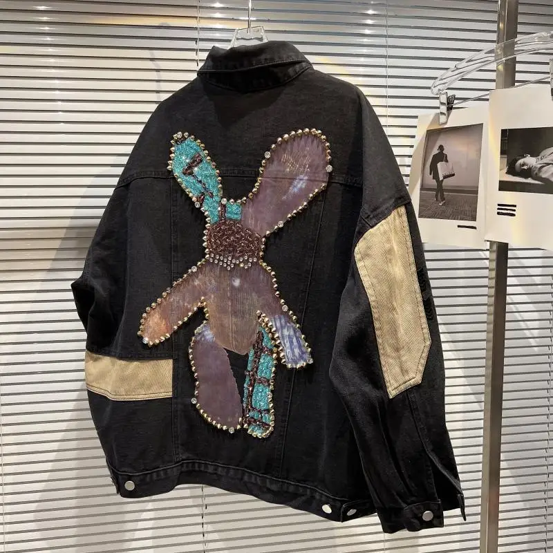 

2022 New Jeans Jacket Women Beaded Diamond Rivet Fashion Embroidery Denim Jacket Female Streetwear Patchwork Loose Jeans Coat