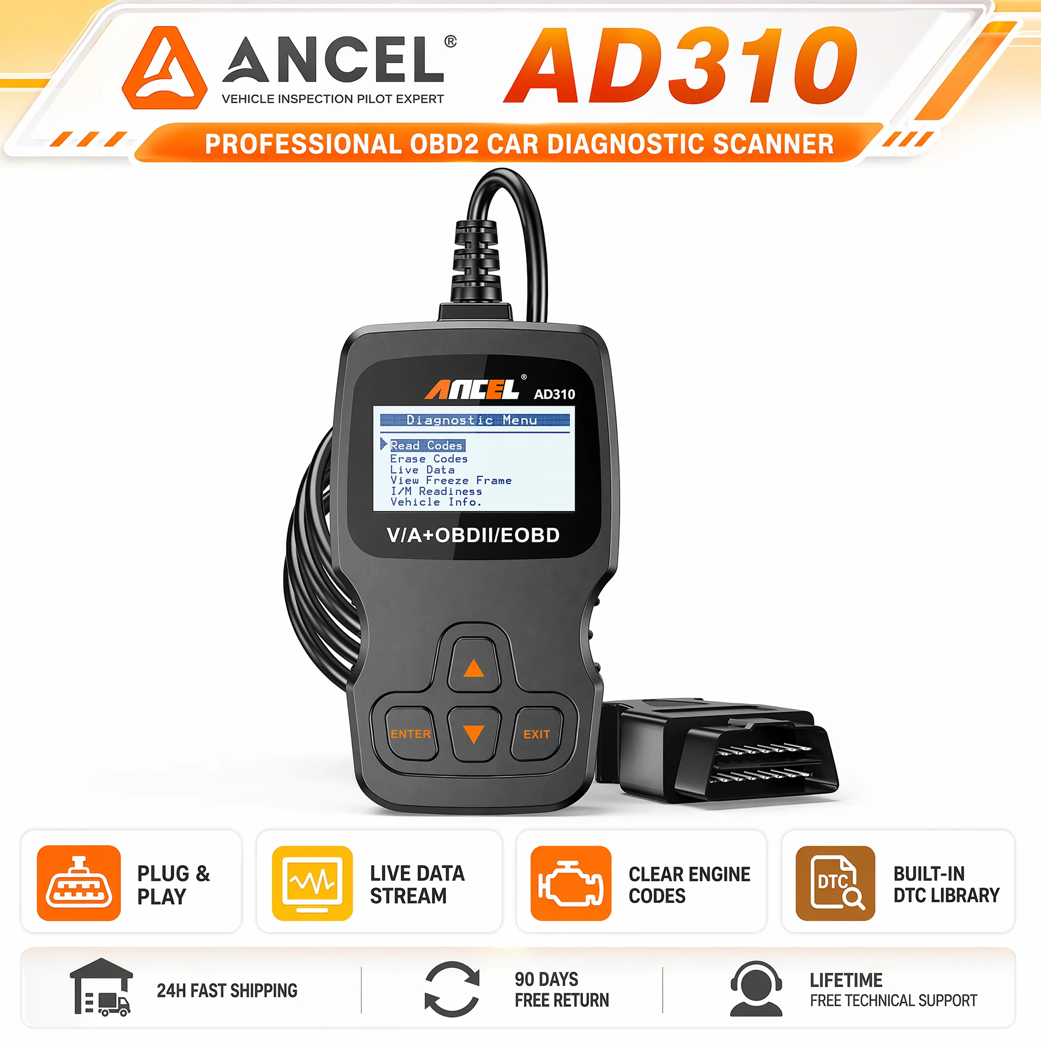 Фото ANCEL AD310 OBD2 Диагностический сканер для автомобилей, считыватель кодов неисправностей, инструмент для проверки двигателя, автомобильный диагностический сканер OBD2 №1