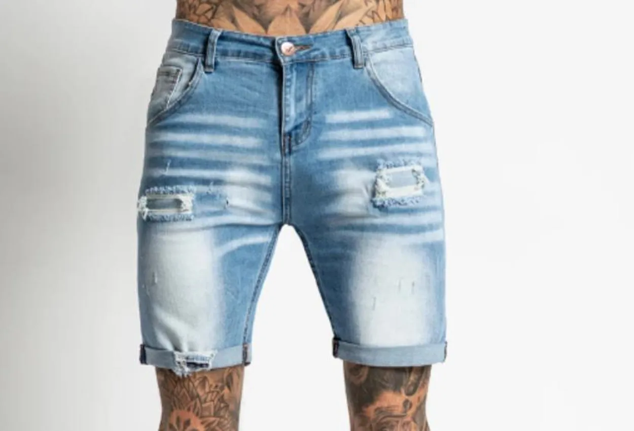 Hole Ripped Slim Short Jeans Men High Waist Solid Color Denim Shorts Retro Blue Washed Street Knee-length Male Pants