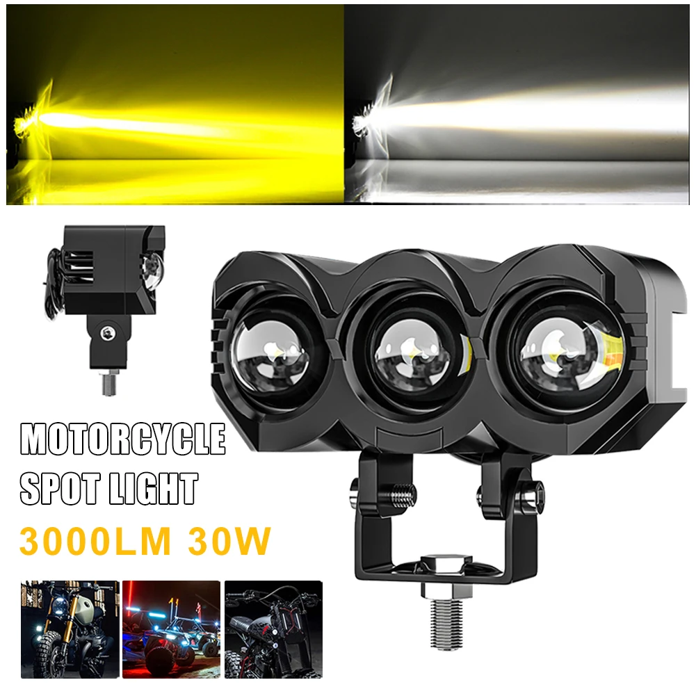 

3 Lens Motorcycle Headlight LED Lamp Beads Spot Light Fog Light Auxiliary Headlamp Work Light White Yellow