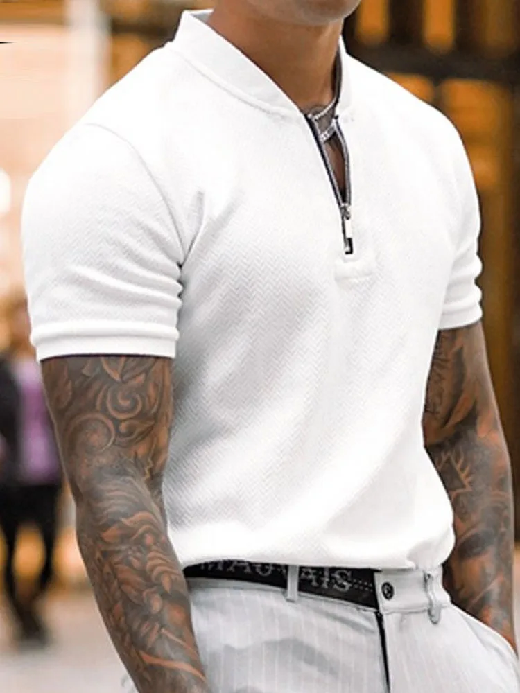 

Zippers Turn-down Collar Pullover Tops Casual Mens Clothes Slim Polos Summer Short Sleeve Knitted Solid Polo Shirts Men Fashion