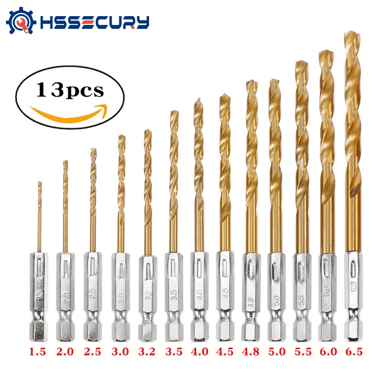 

13PCS Hexagonal Handle Titanium Plated Twist Drill HSS High Speed Steel Titanium Coated Drill Bit Hex Shank Tools 1.5-6.5mm