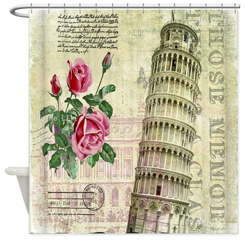 

Vintage Style Travel Shower Curtain Romantic French Paris London New York City Pink Flowers Old Fashion Bathroom Decor