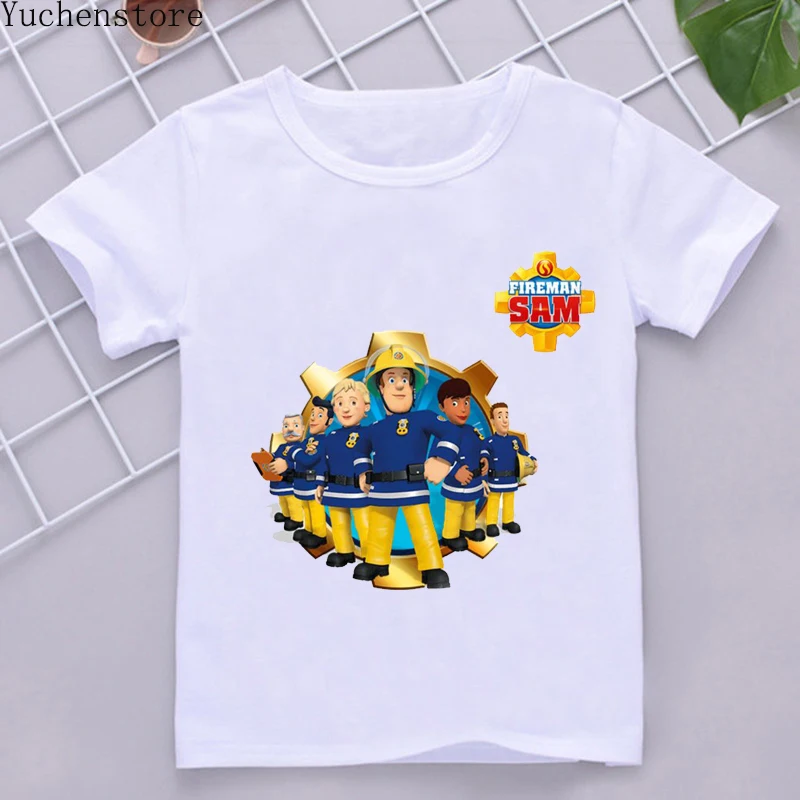 

Детская одежда Fireman Sam, летние топы для мальчиков, белая модная детская футболка в европейском стиле Харадзюку С героями мультфильмов, уличн...