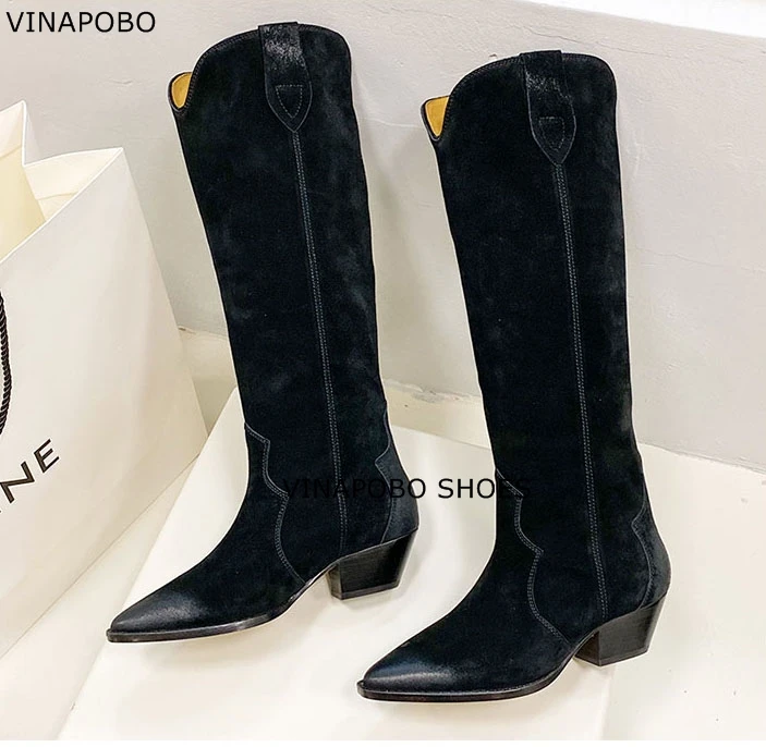

2023 Knee High Boots Thick Heels Pointed Toe Winter Autumn Boots Comfortable suede Genuine Leather Women Boots Black Big Size 43