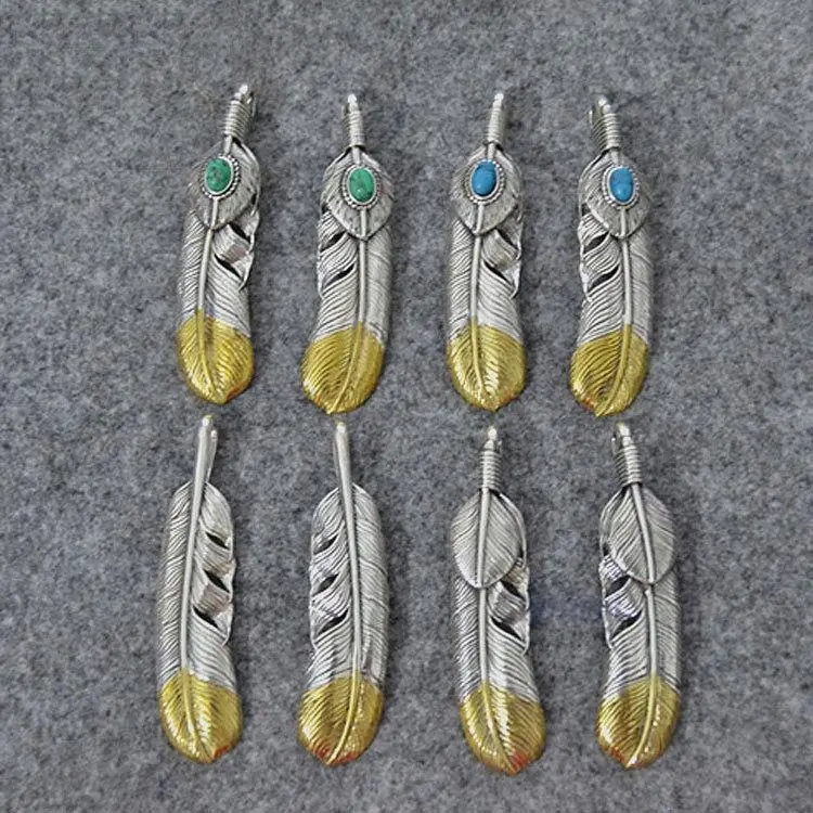 

Takahashi Kagura Goro's 925 Sterling Silver Pendant Plated Gold Blue Turquoise Feather Pendant Male Female Models Thai Silver