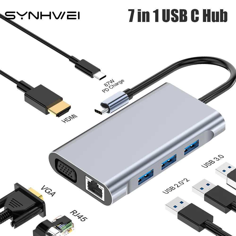 

7 in 1 USB C Hub Type-C Adapter For USB 3.0 HDMI-4K 30HZ 87W PD Charge VGA RJ45 7 Port Docking Station for Macbook Accessories