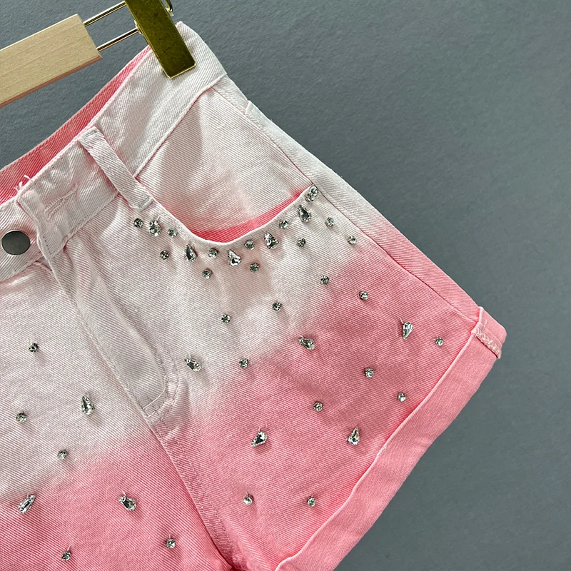 Diamond-Embedded Denim Shorts Women's Summer 2023 New High Waist Loose Slimming Ins European Style Wide-Leg Jeans Short Hot Pant