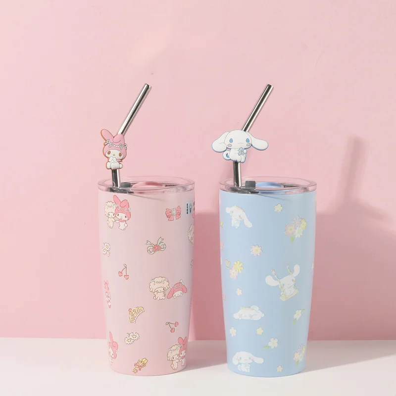 

580ML MyMelody Cinnamoroll Kuromi Cartoon Straw Cup Kawaii Sanrioed Anime Stainless Steel Thermos Cup Straight Drink Cup Gift