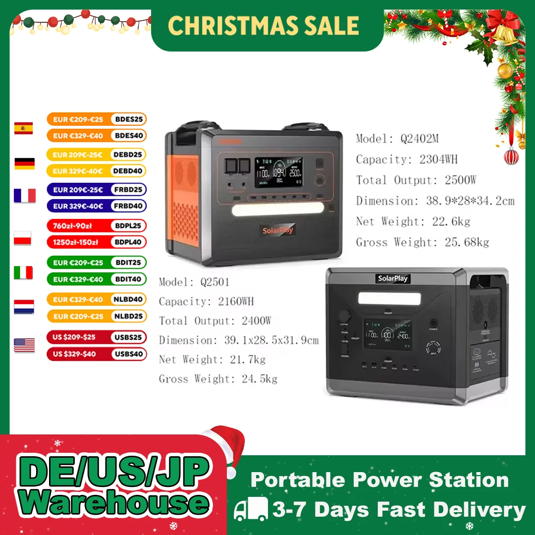 SOLARPLAY Q2501 Q2402M Portable Power Station 2160WH 2304WH LiFePO4 Battery with 2400W/2500W (4800W Peak) Solar Generator