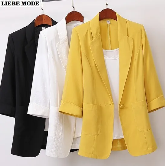 V-neck Black White Black Women Blazer 2022 New Thin Summer Blazers Lady Office 1/2 Sleeve Sheer Suit Jackets Coat Loose Tops