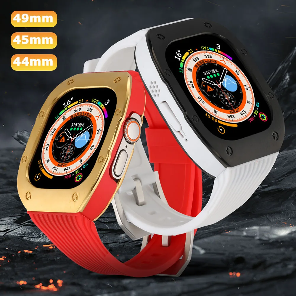 

Luxury Modification Kit For Apple Watch Ultra 49mm 8 7 45mm 6 5 4 44mm Stainless Steel Case Silicone Band For iWatch Metal Bezel