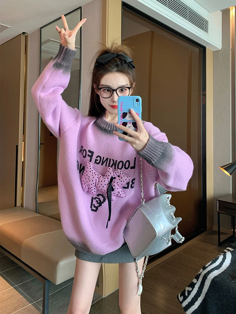 Фиолетовый трехмерный пуловер для щенков женский свитер на осень и зиму 2024 новый