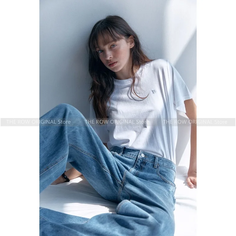 

Футболка LowCl @ ssic с круглым вырезом и коротким рукавом, Женская однотонная простая свободная футболка с вышивкой и логотипом, четыре цвета, Осенние Топы, новинка