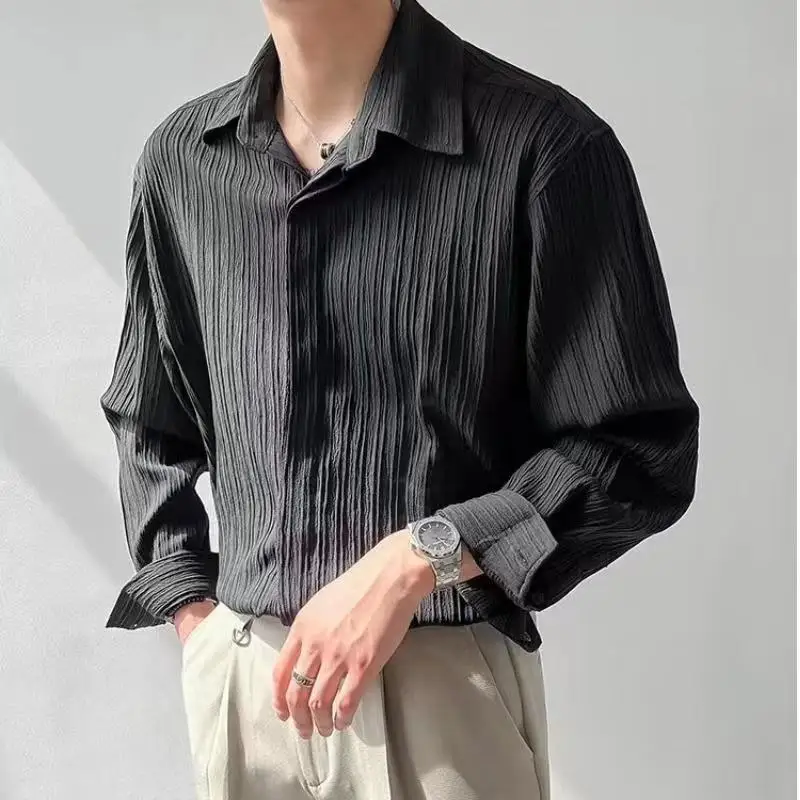 

Men's Casual Shirts Turn-down Collar Striped Solid Transparent Short Sleeve Korean Style Tops Loose Shirts For Men Clothing