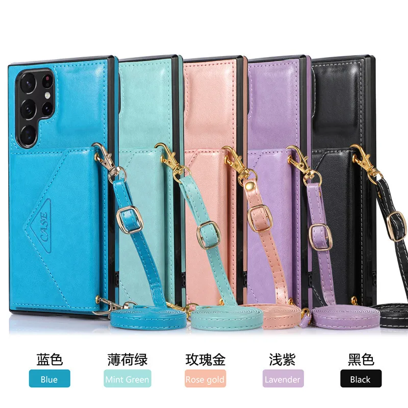 Wallet Phone Case For Samsung Galaxy S22 S21 S20 Fe Plus Ultra Card Slot Holder Lanyard Strap Zipper Bag Purse Leather Cover