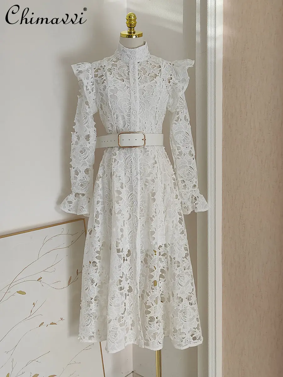 French Style Elegant Dress Palace Water Soluble Lace Wooden Ear Stitching Dress 2023 Spring New High Belt Lining Two-Piece Dress