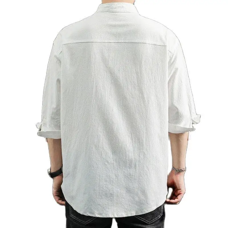 Solid Colors Long Sleeve Shirts Chinese Style Wear Stand Collar Loose 100% Cotton White Black Shirt Short Sleeve Shirt M-5Xl