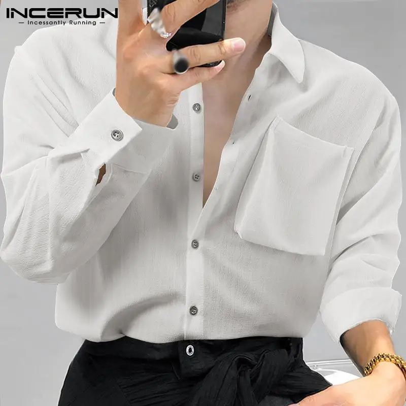

Модная мужская рубашка с лацканами и длинным рукавом, уличная одежда на пуговицах, Мужская одежда, однотонные карманы, 2023, корейские повседн...