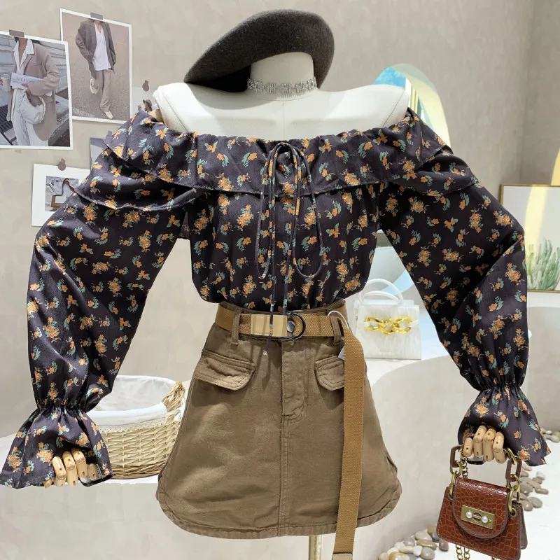 

Niche Design New Women's Clothing 2022 Autumn Design Sense Puff Sleeve Sweet Short Top Off Shoulder Chiffon Shirt Blouses