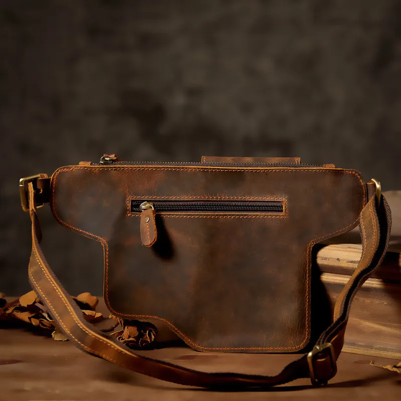 Retro Fashion Crazy Horse cowhide Men Brown Chest Pack Everyday Outdoor Designer natural real leather Sports Waist Bag for Teens