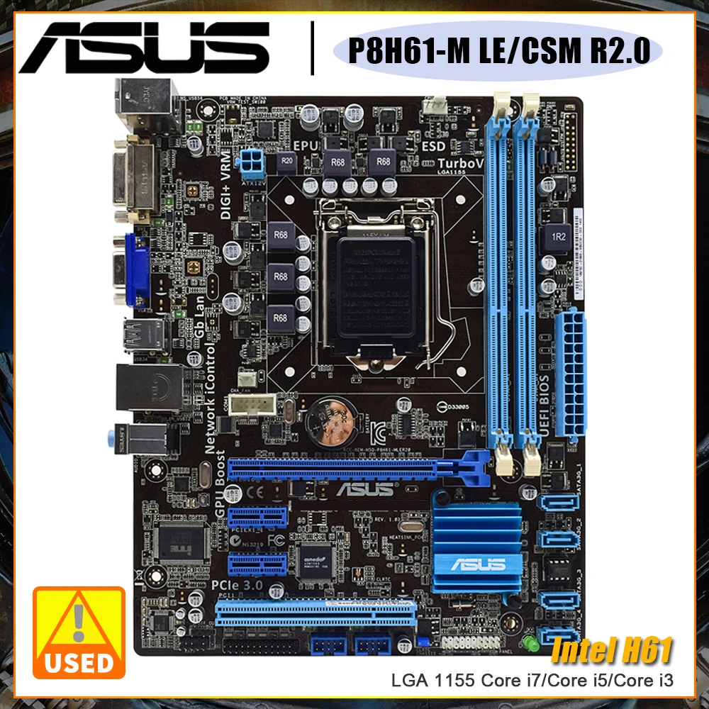 

ASUS P8H61-M LE/CSM R2.0 Motherboard 1155 Motherboard DDR3 8GB 1333MHz Intel H61 Chipset USB2.0 SATA2 VGA DVI PCI-E X16 Slot