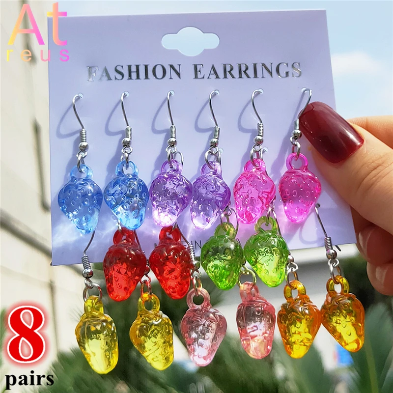 7/9/8pairs/set Candy Color Acrylic Gummy Bear Drop Earrings for Women Girl Pearl Studs Zirconia Cartoon Animal Dinosaur Earrings images - 6